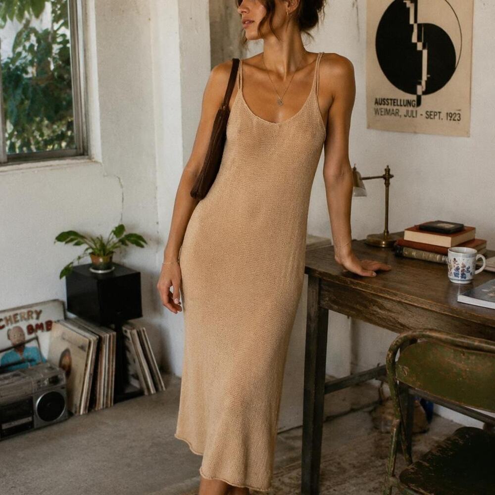 Onia 100% Linen Open Knit Maxi Dress Tan M